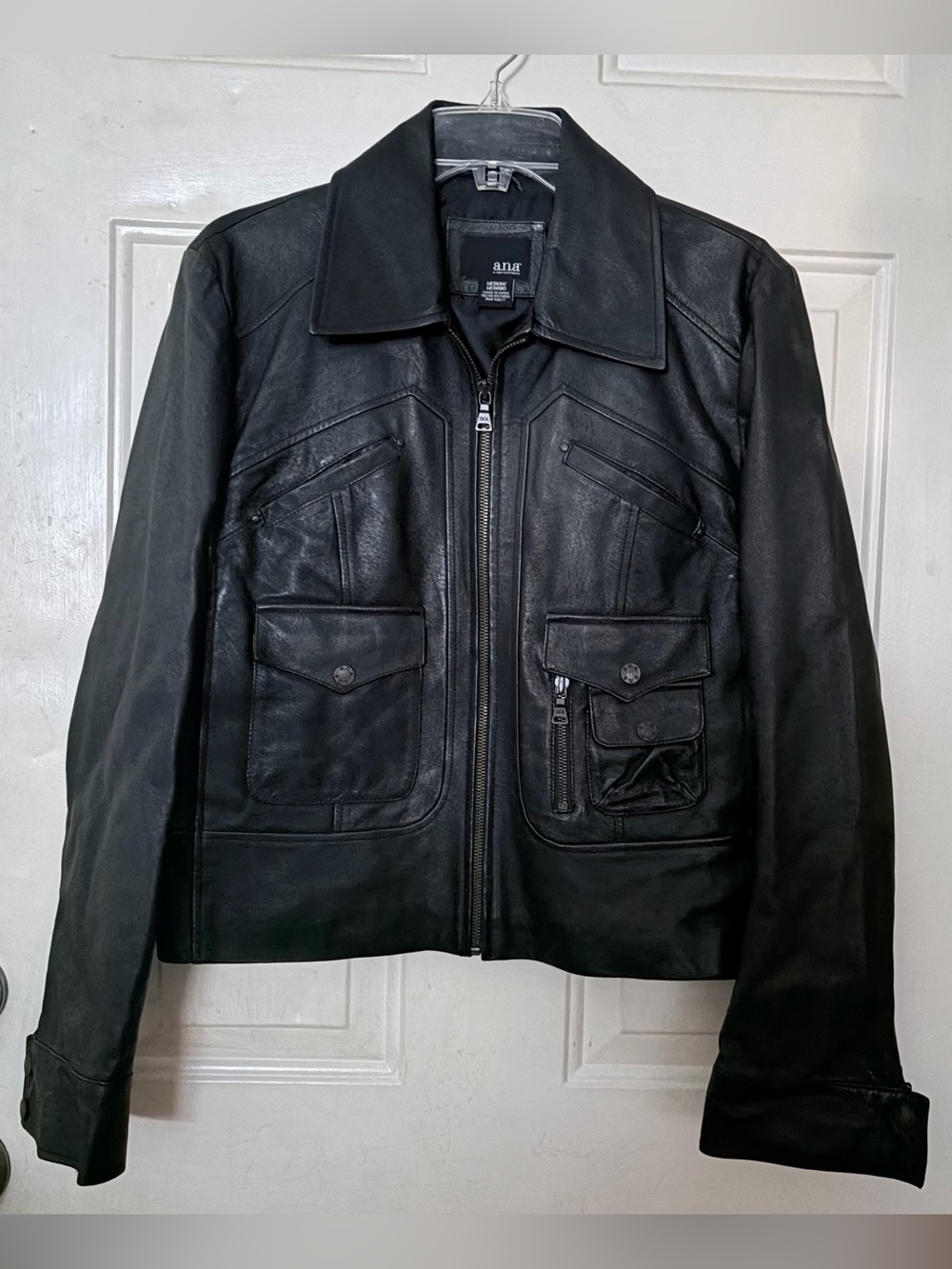a.n.a Black Leather Utility Jacket with Multi-Pocket Front
